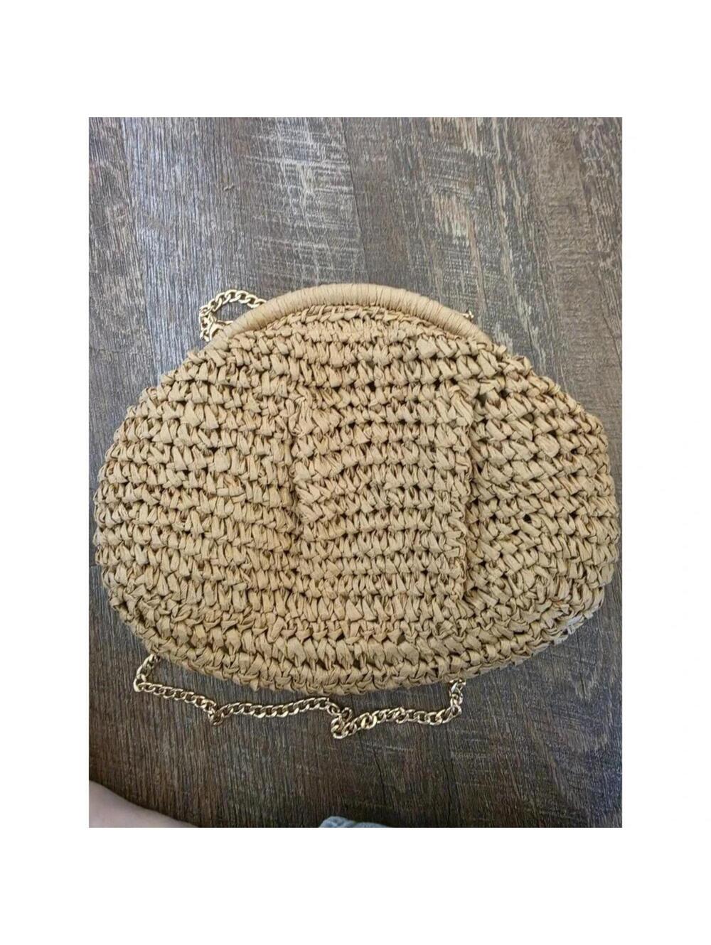 Woven Straw Shoulder Bag with Gold Chain Strap - Picture 2 of 5
